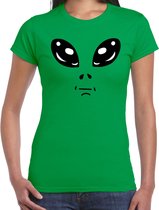Alien / buitenaards wezen gezicht verkleed t-shirt groen voor dames - Carnaval fun shirt / kleding / kostuum XS