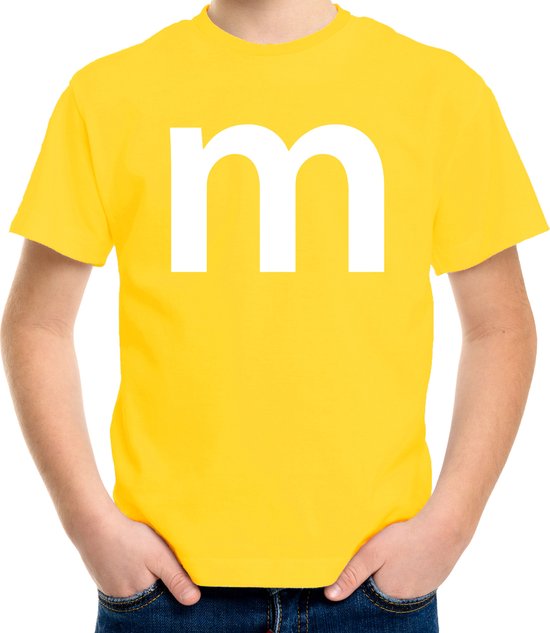 Letter M verkleed/ carnaval t-shirt geel voor kinderen - M en M carnavalskleding / feest shirt kleding / kostuum 134/140