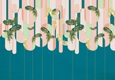 Vliesbehang Art Deco Veertjes XXL – fotobehang – 368 x 254 cm - Zacht Roze Groen