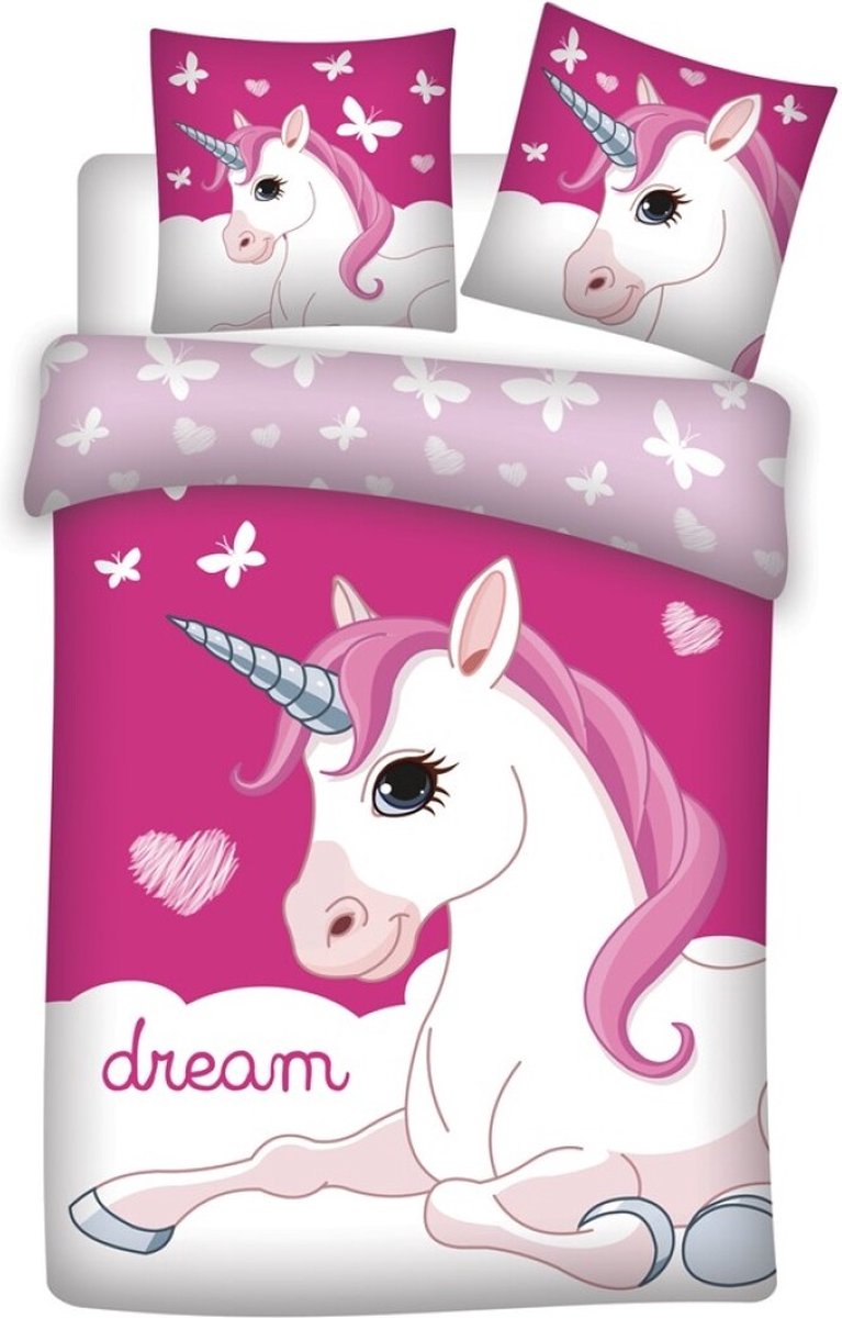 Dekbedovertrek Unicorn- roze- 1 persoons- Polyester- dekbed meisjes- 140x200 cm.