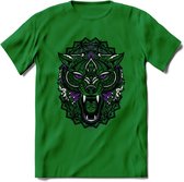 Wolf - Dieren Mandala T-Shirt | Paars | Grappig Verjaardag Zentangle Dierenkop Cadeau Shirt | Dames - Heren - Unisex | Wildlife Tshirt Kleding Kado | - Donker Groen - S
