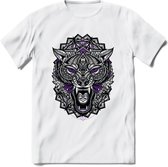 Wolf - Dieren Mandala T-Shirt | Paars | Grappig Verjaardag Zentangle Dierenkop Cadeau Shirt | Dames - Heren - Unisex | Wildlife Tshirt Kleding Kado | - Wit - M