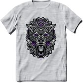 Wolf - Dieren Mandala T-Shirt | Paars | Grappig Verjaardag Zentangle Dierenkop Cadeau Shirt | Dames - Heren - Unisex | Wildlife Tshirt Kleding Kado | - Licht Grijs - Gemaleerd - M