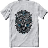 Wolf - Dieren Mandala T-Shirt | Blauw | Grappig Verjaardag Zentangle Dierenkop Cadeau Shirt | Dames - Heren - Unisex | Wildlife Tshirt Kleding Kado | - Licht Grijs - Gemaleerd - S