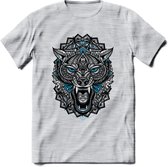 Wolf - Dieren Mandala T-Shirt | Blauw | Grappig Verjaardag Zentangle Dierenkop Cadeau Shirt | Dames - Heren - Unisex | Wildlife Tshirt Kleding Kado | - Licht Grijs - Gemaleerd - L