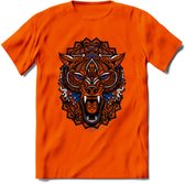 Wolf - Dieren Mandala T-Shirt | Donkerblauw | Grappig Verjaardag Zentangle Dierenkop Cadeau Shirt | Dames - Heren - Unisex | Wildlife Tshirt Kleding Kado | - Oranje - XXL
