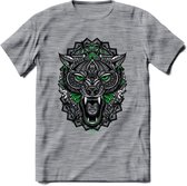 Wolf - Dieren Mandala T-Shirt | Groen | Grappig Verjaardag Zentangle Dierenkop Cadeau Shirt | Dames - Heren - Unisex | Wildlife Tshirt Kleding Kado | - Donker Grijs - Gemaleerd - 3