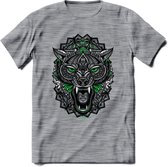 Wolf - Dieren Mandala T-Shirt | Groen | Grappig Verjaardag Zentangle Dierenkop Cadeau Shirt | Dames - Heren - Unisex | Wildlife Tshirt Kleding Kado | - Donker Grijs - Gemaleerd - L