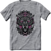 Wolf - Dieren Mandala T-Shirt | Roze | Grappig Verjaardag Zentangle Dierenkop Cadeau Shirt | Dames - Heren - Unisex | Wildlife Tshirt Kleding Kado | - Donker Grijs - Gemaleerd - L