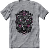 Wolf - Dieren Mandala T-Shirt | Roze | Grappig Verjaardag Zentangle Dierenkop Cadeau Shirt | Dames - Heren - Unisex | Wildlife Tshirt Kleding Kado | - Donker Grijs - Gemaleerd - S