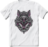 Vos - Dieren Mandala T-Shirt | Roze | Grappig Verjaardag Zentangle Dierenkop Cadeau Shirt | Dames - Heren - Unisex | Wildlife Tshirt Kleding Kado | - Wit - XL