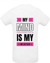 Huurdies Sportshirt | My mind is my weapon | maat  XXL | Bedrukkingskleur roze | shirt wit