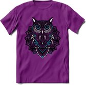 Uil - Dieren Mandala T-Shirt | Blauw | Grappig Verjaardag Zentangle Dierenkop Cadeau Shirt | Dames - Heren - Unisex | Wildlife Tshirt Kleding Kado | - Paars - L