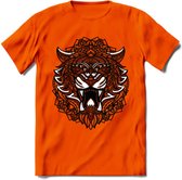 Tijger - Dieren Mandala T-Shirt | Rood | Grappig Verjaardag Zentangle Dierenkop Cadeau Shirt | Dames - Heren - Unisex | Wildlife Tshirt Kleding Kado | - Oranje - M