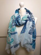 Lange dames sjaal Jasmine gebloemd motief blauw wit groen goud