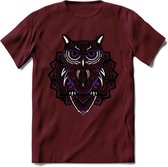 Uil - Dieren Mandala T-Shirt | Paars | Grappig Verjaardag Zentangle Dierenkop Cadeau Shirt | Dames - Heren - Unisex | Wildlife Tshirt Kleding Kado | - Burgundy - XL