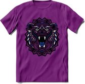 Beer - Dieren Mandala T-Shirt | Donkerblauw | Grappig Verjaardag Zentangle Dierenkop Cadeau Shirt | Dames - Heren - Unisex | Wildlife Tshirt Kleding Kado | - Paars - S