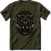 Wolf - Dieren Mandala T-Shirt | Rood | Grappig Verjaardag Zentangle Dierenkop Cadeau Shirt | Dames - Heren - Unisex | Wildlife Tshirt Kleding Kado | - Leger Groen - XL