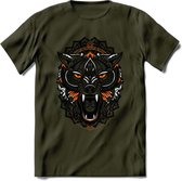 Wolf - Dieren Mandala T-Shirt | Oranje | Grappig Verjaardag Zentangle Dierenkop Cadeau Shirt | Dames - Heren - Unisex | Wildlife Tshirt Kleding Kado | - Leger Groen - S