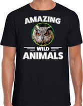 T-shirt uil - zwart - heren - amazing wild animals - cadeau shirt uil / uilen liefhebber XL