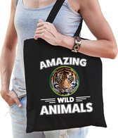 Katoenen tasje tijger - zwart - volwassen + kind - amazing wild animals - boodschappentas/ gymtas/ sporttas - tijgers fan
