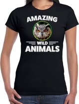 T-shirt uil - zwart - dames - amazing wild animals - cadeau shirt uil / uilen liefhebber L