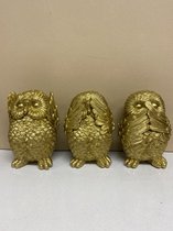 Gouden uilen " horen, zien & zwijgen" beeldjes - goud - set van 3 - 13 cm hoog - polyresin - decoratief