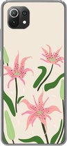Geschikt voor Xiaomi Mi 11 Lite hoesje - Bloem - Roze - Bladeren - Siliconen Telefoonhoesje