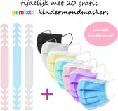 3 Earsavers (roze, blauw, wit) | Oorbeschermers | Met 20 Gekleurde Kindermondmaskers | Gemengde Kleuren Mondmaskers voor Kinderen
