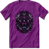 Leeuw - Dieren Mandala T-Shirt | Blauw | Grappig Verjaardag Zentangle Dierenkop Cadeau Shirt | Dames - Heren - Unisex | Wildlife Tshirt Kleding Kado | - Paars - M