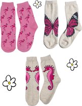Nature Planet -kindersokken - set van 3 roze sokken - flamingo - vlinder - zeepaardje (100% Oeko-tex gecertificeerd) maat 35-38