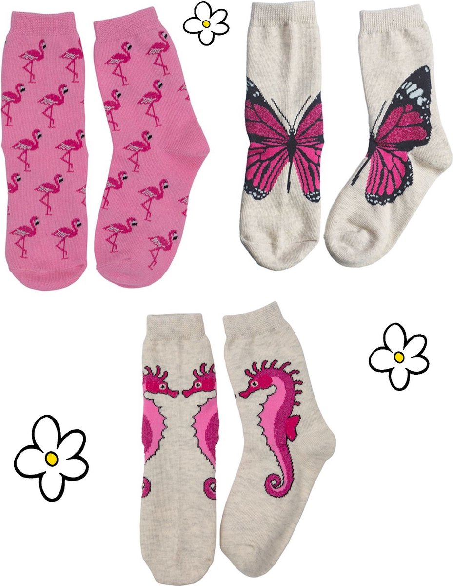 Nature Planet -kindersokken - set van 3 roze sokken - flamingo - vlinder - zeepaardje (100% Oeko-tex gecertificeerd) maat 35-38
