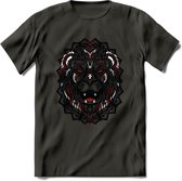 Leeuw - Dieren Mandala T-Shirt | Rood | Grappig Verjaardag Zentangle Dierenkop Cadeau Shirt | Dames - Heren - Unisex | Wildlife Tshirt Kleding Kado | - Donker Grijs - XXL