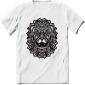 Leeuw - Dieren Mandala T-Shirt | Rood | Grappig Verjaardag Zentangle Dierenkop Cadeau Shirt | Dames - Heren - Unisex | Wildlife Tshirt Kleding Kado | - Wit - 3XL