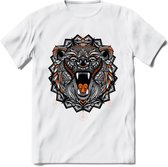 Beer - Dieren Mandala T-Shirt | Oranje | Grappig Verjaardag Zentangle Dierenkop Cadeau Shirt | Dames - Heren - Unisex | Wildlife Tshirt Kleding Kado | - Wit - XXL