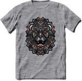 Leeuw - Dieren Mandala T-Shirt | Oranje | Grappig Verjaardag Zentangle Dierenkop Cadeau Shirt | Dames - Heren - Unisex | Wildlife Tshirt Kleding Kado | - Donker Grijs - Gemaleerd -