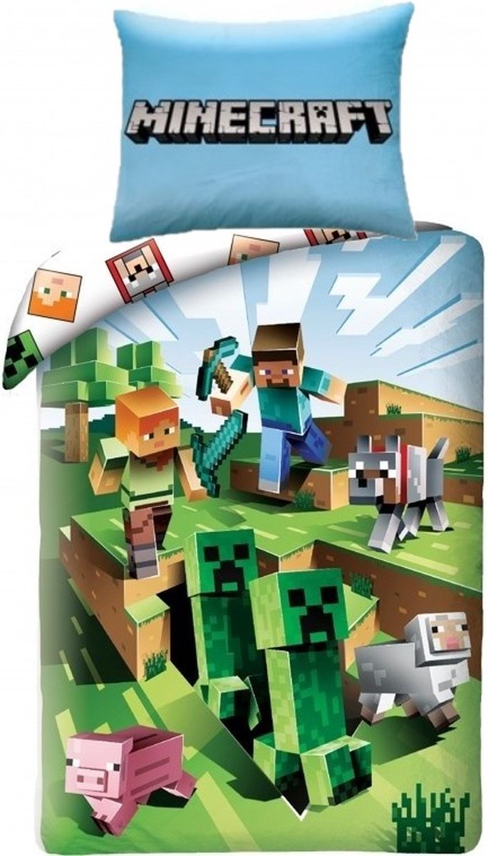 Minecraft Dekbedovertrek Battle - Steve - Creeper - Sheep - 140 x 200 cm - Minecraft