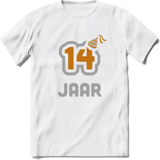 14 Jaar Feest T-Shirt | Goud - Zilver | Grappig Verjaardag Cadeau Shirt | Dames - Heren - Unisex | Tshirt Kleding Kado | - Wit - M