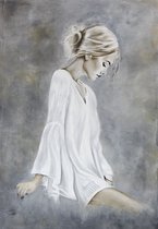 Schilderij- 140X200cm Wandkleed Vrouw Meisje  Schilderij "In the Moment" Grijs Zwart Wit Bruin Creme Handgeschilderd Acrylverf