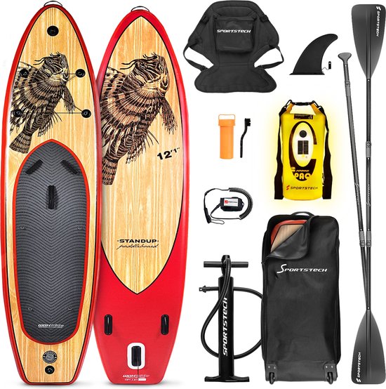 Sportstech 8in1-stand up paddling board Set + kajak-zitting & led dry bag + luidspreker | standup paddleboard opblaasbaar + luchtpomp & fiberglas peddel | zomerplezier stand-up paddling | WBXs surfplank
