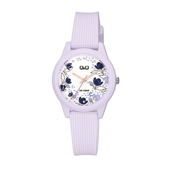 Q&Q V01A-009VY - Horloge - Sport - Analoog - Dames - Vrouwen - Plastic band - Rond - Kunststof - Bloemetjes - Paars - 10 ATM