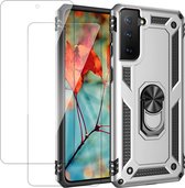 Casemania Hoesje Geschikt voor Samsung Galaxy S22 Plus Grijs & 2X Glazen Screenprotector - Anti-Shock Hybrid Armor met Kickstand Ring