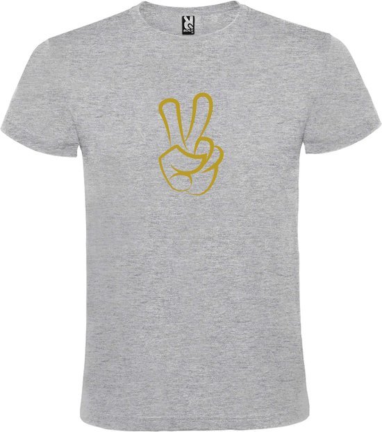 Grijs  T shirt met  "Peace  / Vrede teken" print Goud size XL