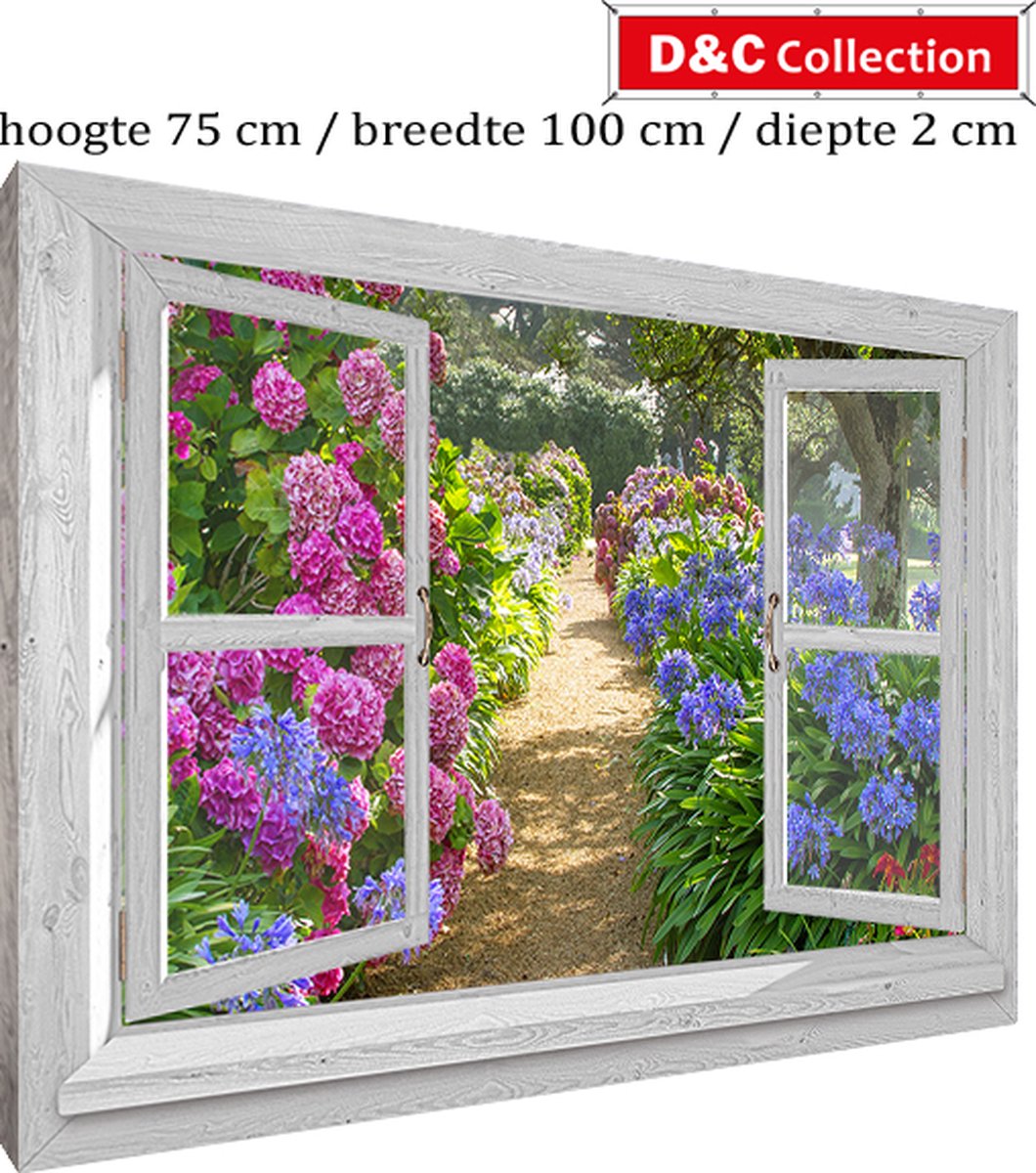 D&C Collection Canvas voor buiten doorkijk venster - om houten frame gespannen - 100x75x2 cm - doorkijkposter - Wit luxe venster hortensia tuinpad - tuin decoratie - tuinposters buiten - tuinschilderij paars, blauw, roze