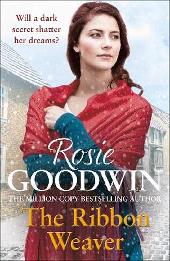 Vrouw in rode omslagdoek, met 'Rosie GOODWIN The Ribbon Weaver' erop.