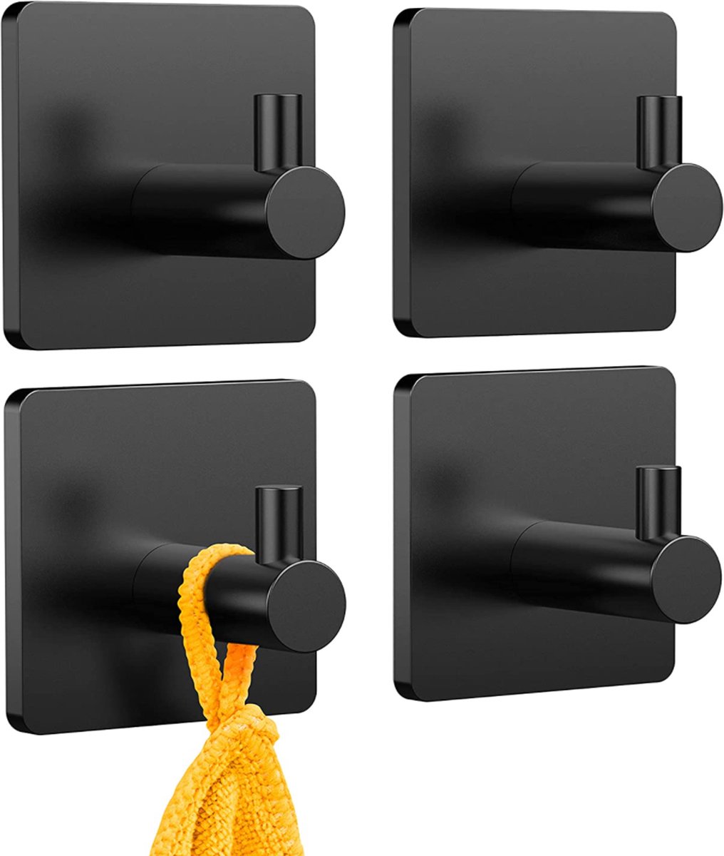 VDN Stainless Handdoekhaakjes zelfklevend - Handdoekhaakjes zwart - Vaatdoekhouder - RVS - Vierkant - 4 Stuks