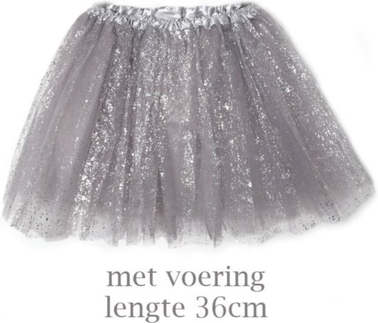 Grijze tutu met zilveren glitter en satijnen tailleband. Lengte 36cm.