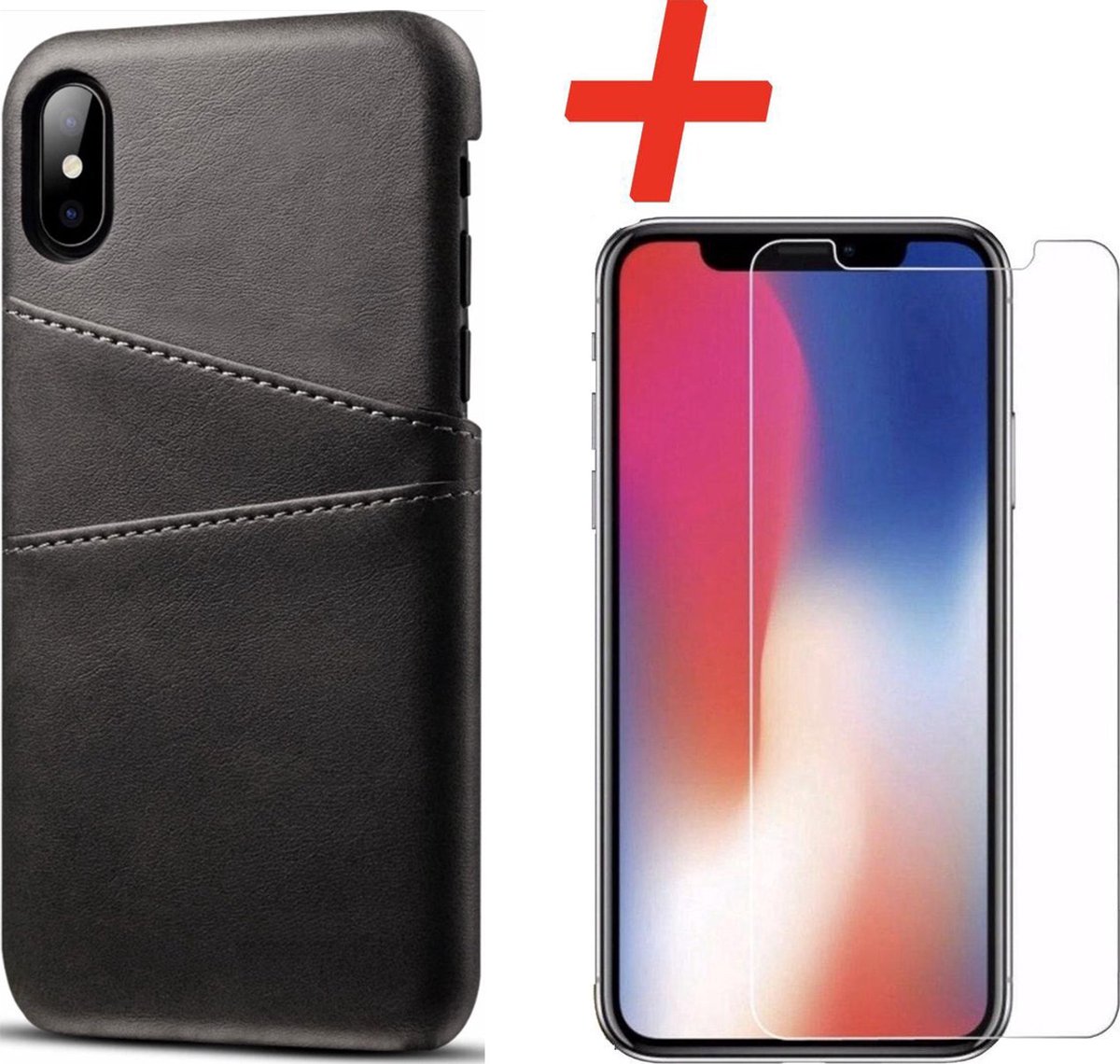 Backcover geschikt voor Apple iPhone X / XS - Zwart - PU Leer - Pasjeshouder + Glas Protector