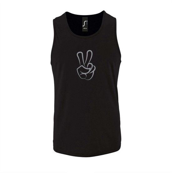 Zwarte Tanktop sportshirt met "Peace / Vrede teken" Print Zilver Size M