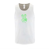 Witte Tanktop sportshirt met "Peace / Vrede teken" Print Neon Groen Size L